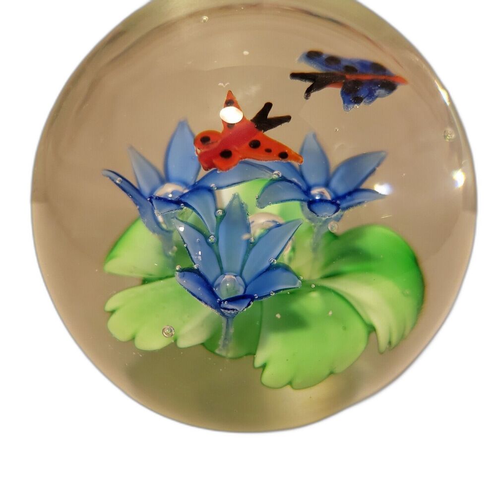 Vintage Paperweight Butterflies and Blue Flowers glass Red Beautiful